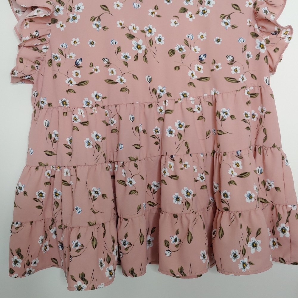 Shein Women's Spring Pink Ruffled Short Sleeve Tiered Floral Blouse Size Large - Picture 4 of 15